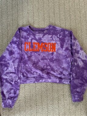Tie-Dye Purple Cropped Sweatshirt with Orange Clemson Logo
